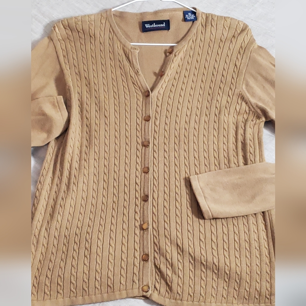 Westbound Cardiganearth Button Up Long Sleeve Pearl Tan Buttons Cotton Blend Med